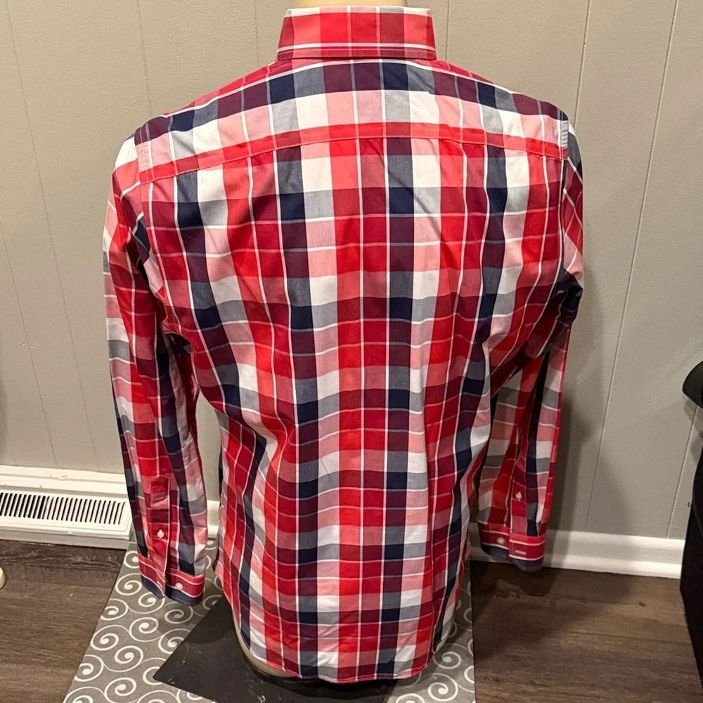 E Banana Republic Red and Navy Checkered Men's Shirt Slim Fit Preppy Casual